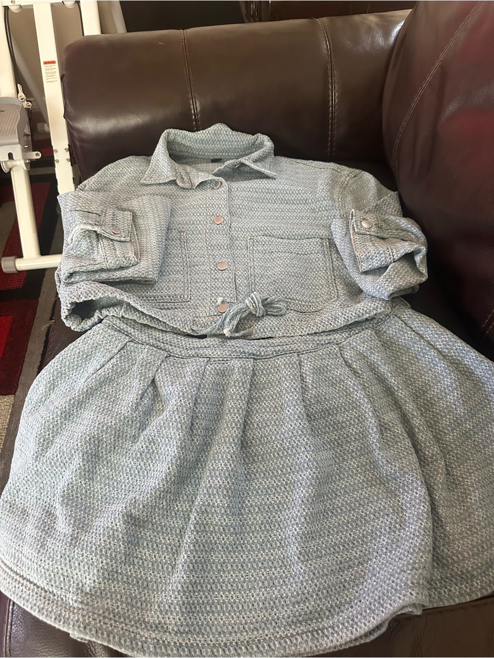 Women’s Textured Blue skirt with Tie Waist jacket